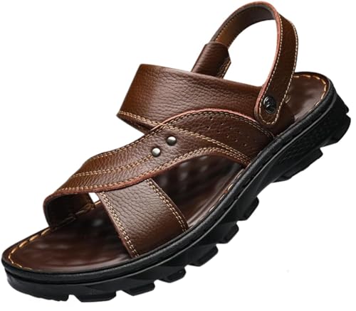 Men's Slip-On Leather Sandals - Comfortable Breathable Sports Sandals for Summer Beach Holidays(Brown,41)