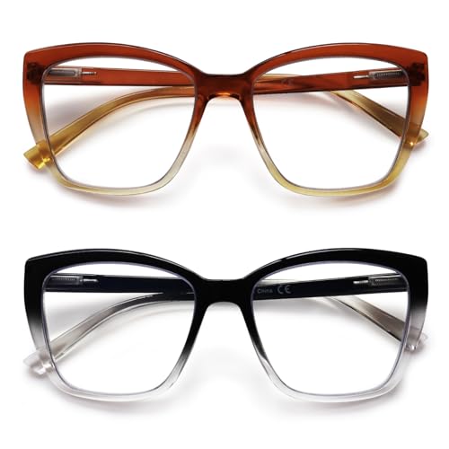 Image of Henotin Reading Glasses for Women, 2 pack Fashion Oversized Blue Light Readers for Women, Spring Hinge Cat Eye Glasses