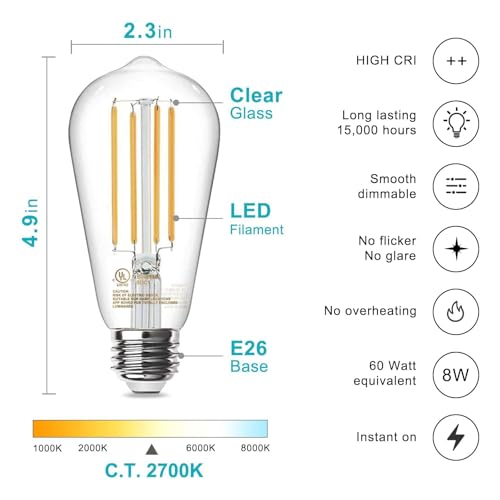 tjoy edison light bulbs 60w equivalent dimmable vintage led light bulbs e26 medium base warm white 2700k st58 8w 800lm 80 cri antique decorative filament led bulb clear glass 6 pack