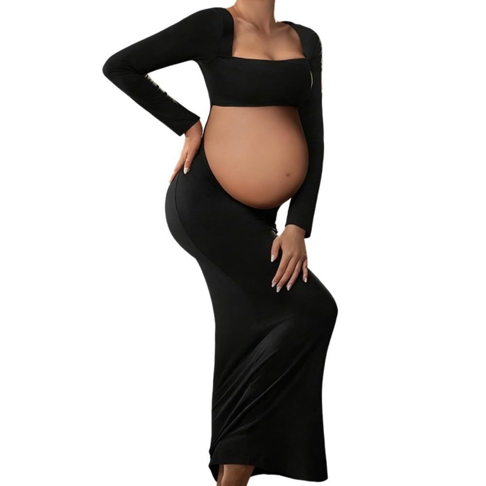 Sponyborty Women's A Maternity Photoshoot Dress Bodycon Sexy Fashion Square Neck Long Sleeve Belly Cut Out Pregnancy Gown /A/Xl