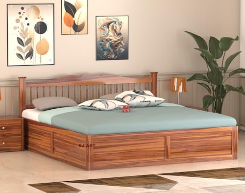 Image of Solid Sheesham Wood King Size Bed with Box Storage for Bedroom Living Room Home Hotel Wooden Double Bed Cot Palang Home Furniture (Honey Finish)