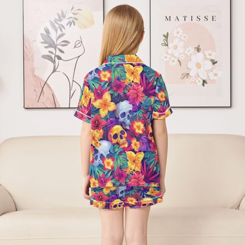 ALAZA Flower Blossom Sugar Skull Pajamas Satin Pajama Set Short Sleeve Button Down Sleepwear4