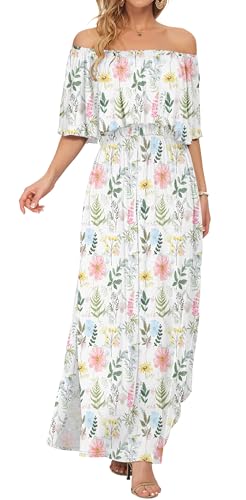 Image of AUSELILY Womens Off Shoulder Ruffle Split Summer Maxi Dresses with Pockets | Off-shoulder Ruffle dress with empire waist & side split for summer beach and casual parties