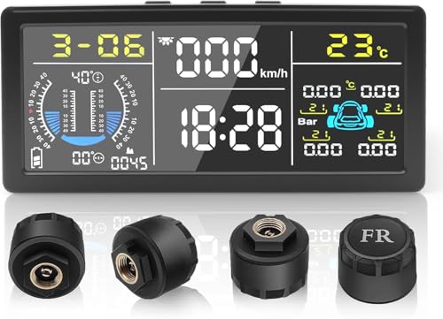 8-in-1 Advanced Tire Pressure Monitoring System with 4 External TPMS Sensors, RV TPMS, 6″ Color LCD Display,Real-time Multifunctional w/Slope Meter,Altitude,Speedometer,Car/TireTemperature,Date,Time