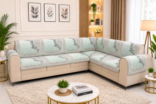 Image of Printed 7 Seater L-Shape Sofa Cover with Arm Covers, Quilted Texture, Sectional Couch Protector for Living Room-Pack of 15 (Green Vine)
