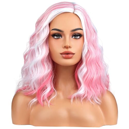 Image of BERON ERON White and Pink Wigs for Women Short Curly Wavy Hair Wig Girls Mixed Highlights Color Synthetic Costume Cosplay or Use Wig