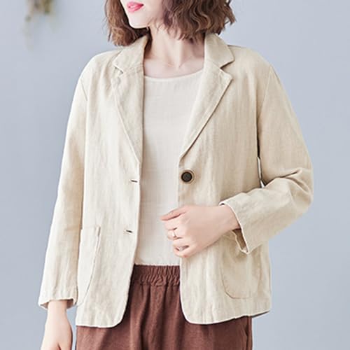 Women Casual Cotton Linen Work Blazer Coat, 3/4 Sleeve Lapel Button Business Jacket Lightweight Loose Office Blazers3