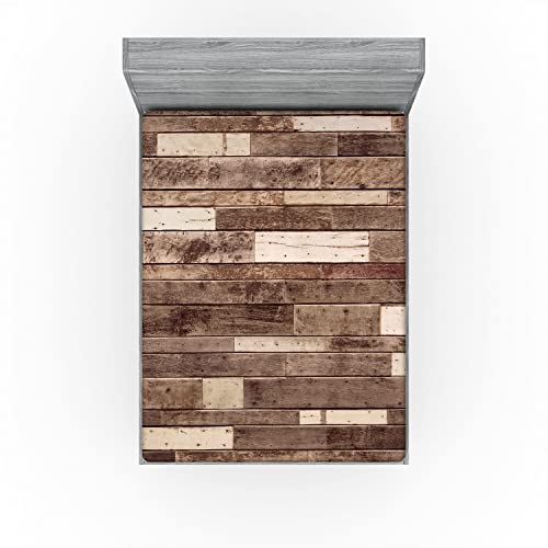 Ambesonne Wooden Print Fitted Sheet, Wall Floor Textured Planks Panels Art Grain Cottage Lodge Hardwood Pattern, Bed Cover with All-Round Elastic Deep Pocket for Comfort, Full Size, Brown