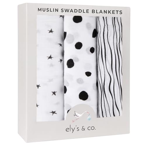 Image of Ely's & Co. Muslin Swaddle Blanket 100% Soft Muslin Cotton 3 Pack 47"x 47" (Black & White)