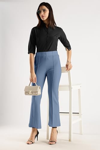 Image of SWADESI STUFF Women's Bell Bottom Trousers - High Waisted Wide Leg Palazzo Pants | Stretchy Cotton Blend Retro Pants for Casual, Office, Party