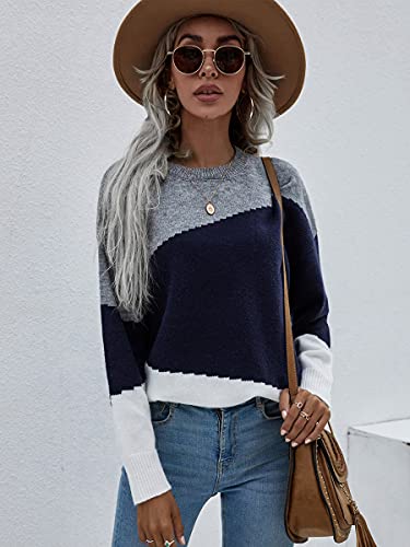 Image of ECOWISH Women Sweater Long Sleeve Color Block Knit Pullover Sweaters Crew Neck Patchwork Casual Loose Jumper Tops