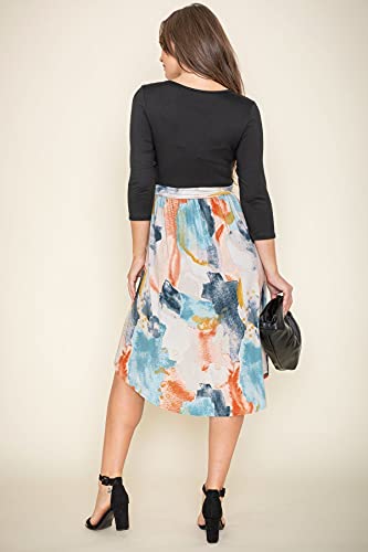 Image of Eloges Women's 3 /4 Sleeve Contrast Waist Band Floral Curved Hem Midi Dress