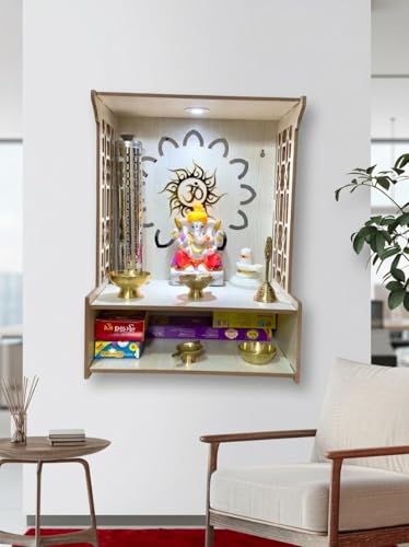 Image of Beautiful Wooden Pooja Stand for Home, Temple, Office, Wall Mounted Puja Mandir with LED Spot Light Size (L- 29 CM, W- 25 CM, H - 37.5 CM)