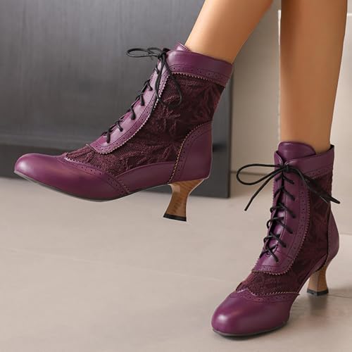 Gicoiz Women Lace Up Military Brogue Low Kitten Heels Comfy Ankle Boots4