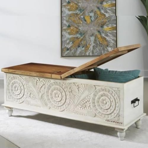 Image of Vifo Wooden Trunk Box for Storage | Solid Wood Coffee Table for Living Room | Handcrafted Center Tea Table with Sandook Storage for Living Room | Pitara for Home and Bedroom (White Wash)