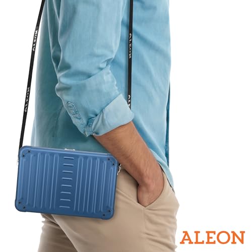 Image of Horizontal All Aluminum Crossbody Bag - Lightweight Compact Travel Case with Adjustable Strap, RF Blocking, Interior Pockets & Secure Clasp - Stylish Over-Shoulder Bag for Men & Women (Sapphire)