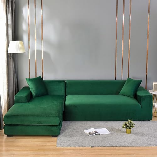 Funda elástica de terciopelo para sofá modular de 1 a 5 plazas en forma de U/L antideslizante, diseño vintage, ajuste universal, color verde, 90-140 cm