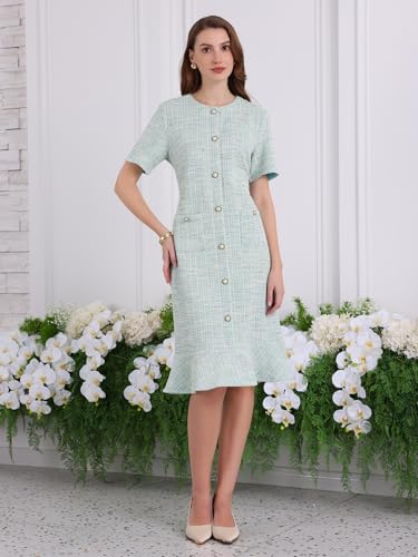 Women's Tweed Dress Short Sleeve 2025 Elegant Wedding Cocktail Bodycon Midi Fishtail Dresses2