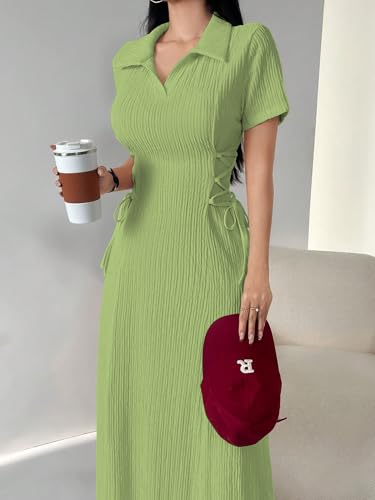 Image of Shasmi Women's Solid Color Applique Lace-Up Collared Short Sleeve, Side-Tie Waist Long Casual Maxi Women Dress Outfit Long Evening Midi Western Party Dress for Women (Dress 211)