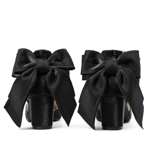 Yremael Women's Black Bow Heels Pointed Toe Pumps Satin Ankle Strap Chunky Block Kitten Heel Dress Shoes - image 5