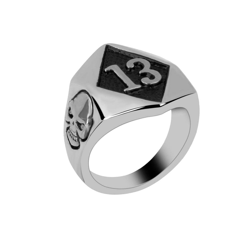 Generic Punk Lucky 13 - Anillo de acero inoxidable para hombre, diseño de calavera, talla 11, color plateado, Cristal
