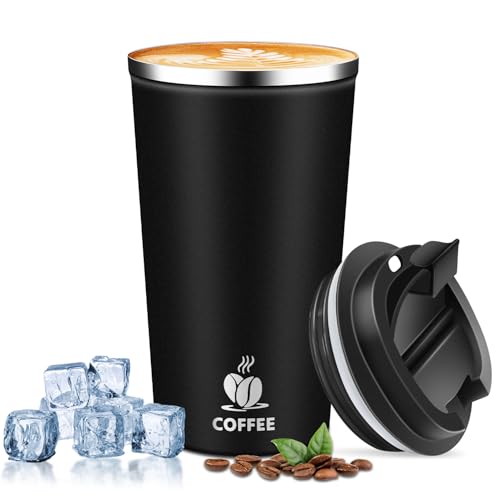 QEMAUUA Insulated Travel Coffee Mug Reusable Coffee Tumbler Cup with Flip Lid Leak Proof Spill Proof for Office School Party Camping Hot and Cold Drink,Stainless Steel 17oz (Black)
