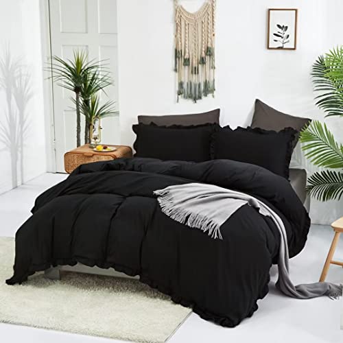 Clothknow Black Comforter Set Queen Black Ruffle Bedding Comforter Sets Men Boys Women Comforter All Black Bedding Ruffle Comforter Farmhouse Comforter Shabby Chic Bedding #TOP3