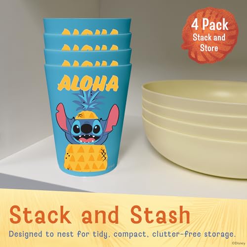 Image of Disney Stitch Plastic Drinking Glasses, Dishwasher Safe, 4-Pack | 16 oz, unbreakable, reusable, BPA-free, stackable to save space, great for water, juice, and family meals