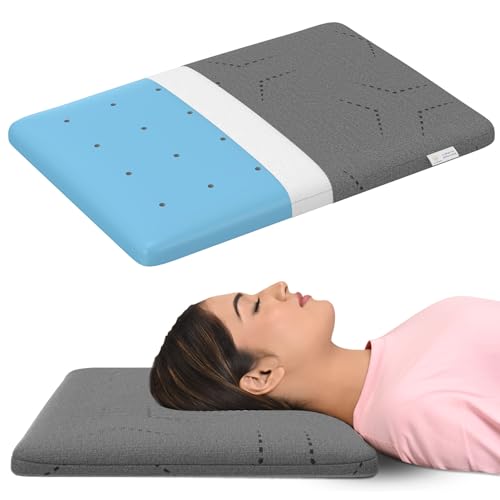 Image of MYARMOR Ventilated Cool Gel Memory Foam Pillow Ultra-Thin Size - 2.5 Inch High, |2 Years Warranty | with Grey Colour Removable Washable Pillow Cover - Pack of 1