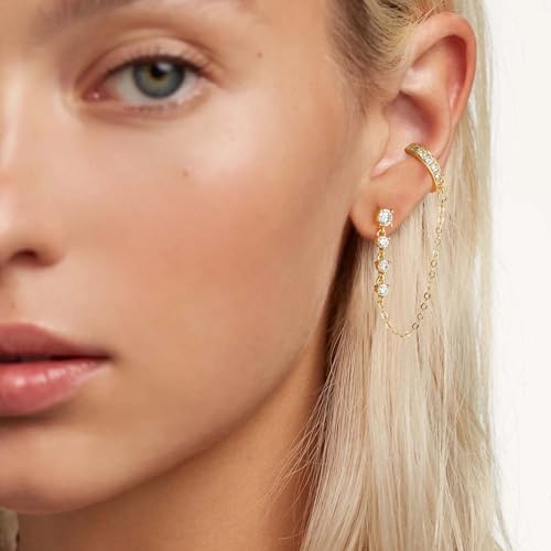 LOYATA Dangle Chain Earrings for Women-Small Gold Cubic Zirconia Drop Long Stud Earrings 14K Gold Plated/925 Sterling Silver Post Hypoallergenic Dangly Earrings Wedding Everyday Ear Jewelry Gifts2