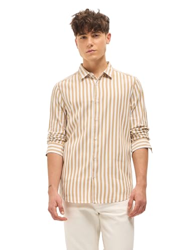 Image of THE BEAR HOUSE Men Spread Collar Vertical Striped Cotton Slim Fit Casual Shirt