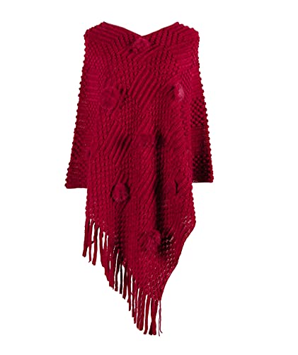 Image of xxxiticat Women's Tassel Poncho Scarf Batwing Sleeve Loose Fringe Hem Round Ball Cape Shawls Knitted Pullover Sweaters