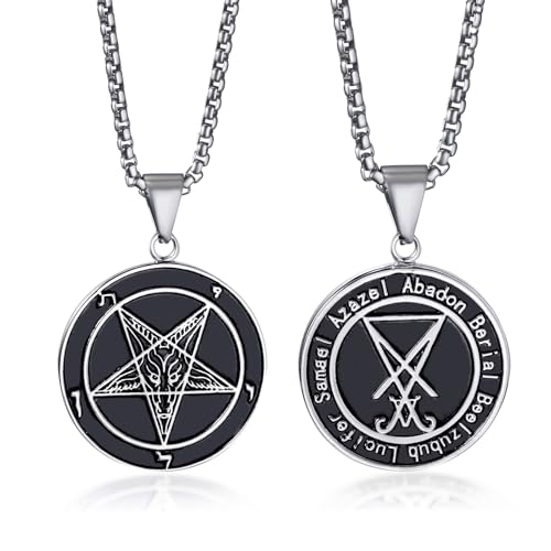Satanic Necklace, Sigil of Baphomet Necklace, Stainless Steel Satan Church Jewelry, 3D Devil Demon Satan Goat Necklaces for Men Women