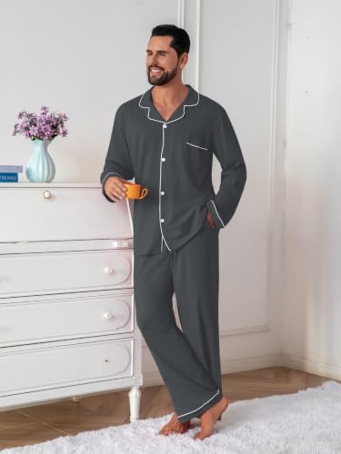 Image of QZH.DUAO Mens Pajama Set 100% Cotton Long Sleeve Button Down PJs