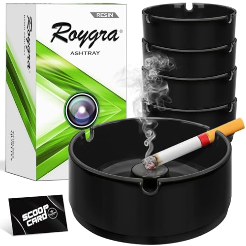roygra Ash Tray (5 Pack) Outdoor Ashtray for Outside Patio Resin Ashtrays for Cigarettes with 3 Holder Smoking Accessories Home Dcor Stackable Ashtrays for Smokers Indoor - Black