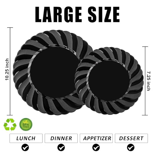U-QE 60 Pcs Black Plastic Plates for Party – Black Plastic Disposable Heavy Duty – Include 30 10.25" Dinner & 30 7.25" Dessert Plate - Perfect for Parties, Weddings - Image 4