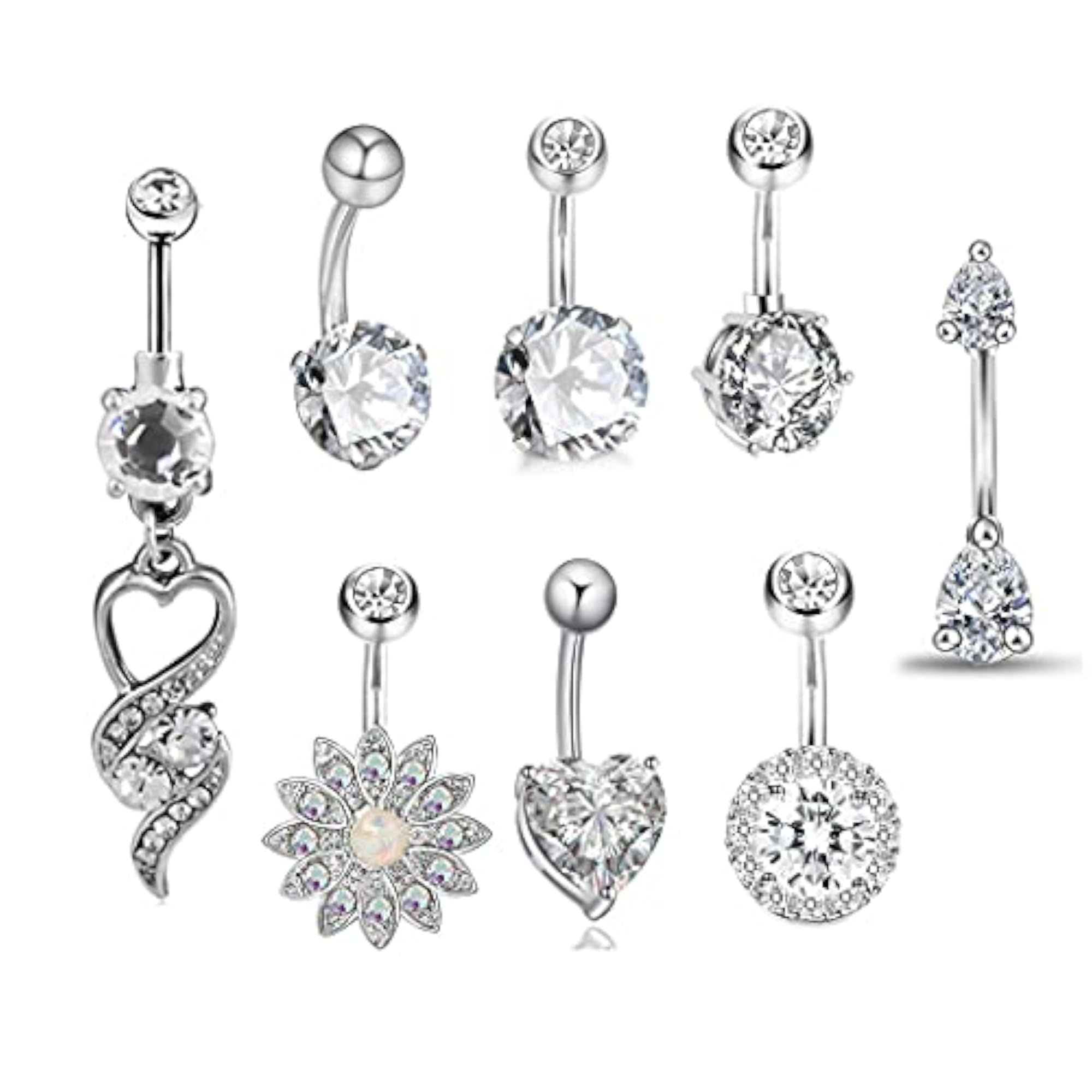 Body Ring Stainless Steel 8PCS Rhinestone Belly Ring