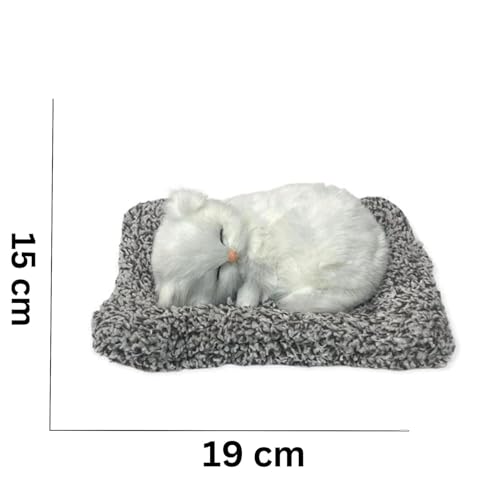 Image of Sleeping Cat Plush Toy with Press Simulation Sound, Sleeping Cat Stuffed Animal Fur Soft Toys with Sound for Kids Car Dashboard Cat & Office Desk (White)