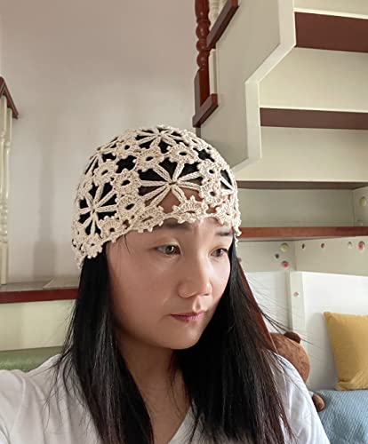 Gorro tejido artesanal floral para mujer color beige miniatura 3