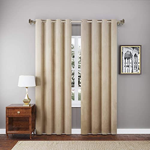 Image of High Sofa Quality Velvet Solid Grommet Room Darkening Eyelet Door Curtains for Living Room, Beige King 5 Feet, Set of 2 Pieces