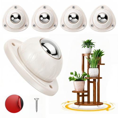 4 Pack Self Adhesive Caster Wheels - Low Profile Anti-Rust Stainless Steel Rollers for Small Furniture, Kitchen Appliances, Storage Bins & PC Case - Heavy Duty 20LBS Capacity Per Wheel (1-Ball, White)