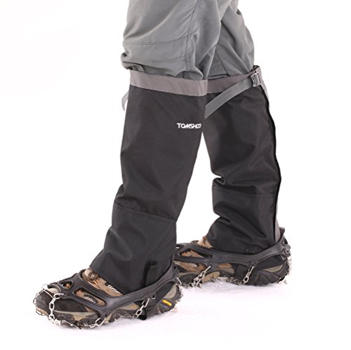 TOMSHOO Kit de Crampones 19 Dientes de Acero Inoxidable + Polainas Impermeable Montaña Unisex L para Senderismo Alpinismo Esquí o Escalada al Aire Libre