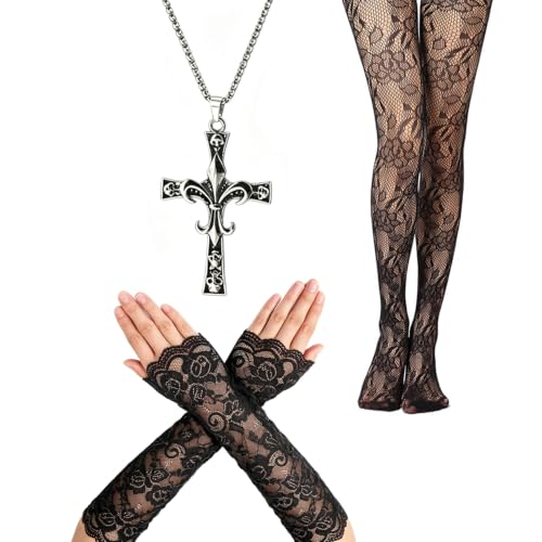 Cruz de calavera con collares góticos para brazos y medias de red YouU