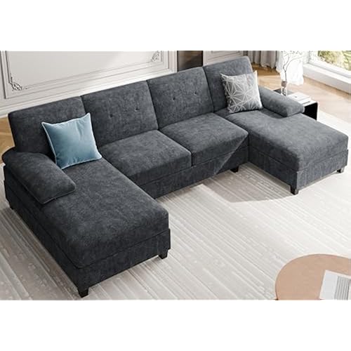 Sectional Couches for Living Room, U Shaped Couch 4 Seat Sectional Sofa with Chaise and Armrests, Comfortable Fabric Sofa for Apartment (Grey)