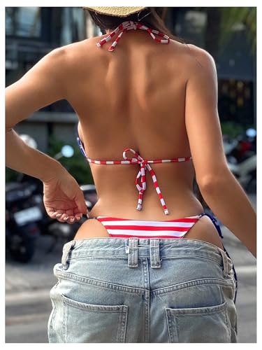 SweatyRocks Women's 2 Piece American Flag Halter Bikini Sets Letter Graphic Bathing Suit Swimwear4