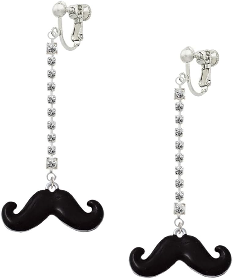 Delight Jewelry Silvertone Large Black Enamel Mustache Silver-tone Long Sparkle Dangle Clip on Earrings