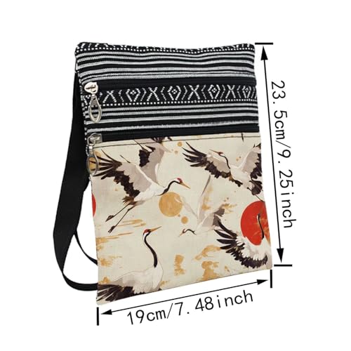 Japanese Ukiyoe Crane Messenger Bag Small Ethnic Pattern Printed Adjustable Strap Crossbody Zipper Bag Japanese Ukiyoe Crane Phone Bag Wallet Cute Shoulder Handbag for Women Friends2