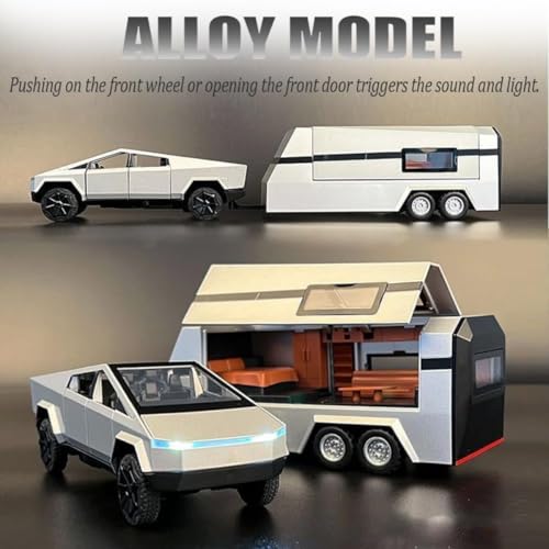 Image of 1:32 Scale Die-Cast Tesla CyberTruck with Pick-Up Trailer with 6 Openable Doors Pull Back Action,Lights & Music Best Vehicle Gift for Kids【Pack of 1】【Random Color】