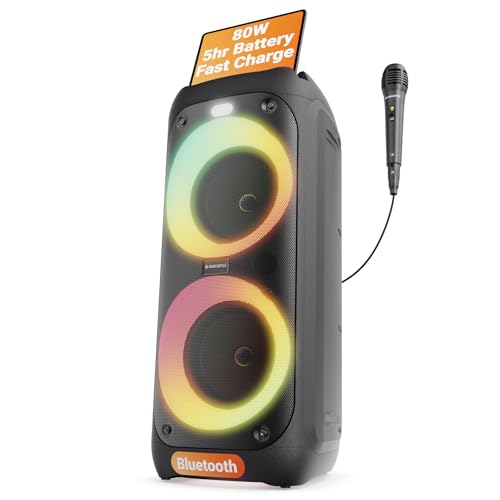 Tragbarer Partybox Bluetooth Lautsprecher | 80W Leistung und 5H Akku | Karaoke Maschine mit Mikrofon, TWS Multi Speaker Link, Xtra Bass, und LED-Licht | OAKCASTLE PS200