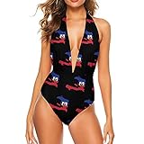 BAIKUTOUAN Haitian Flag Map Women's One Piece Swimsuits Halter Straps Swimwear Deep V-Neck Bathing...